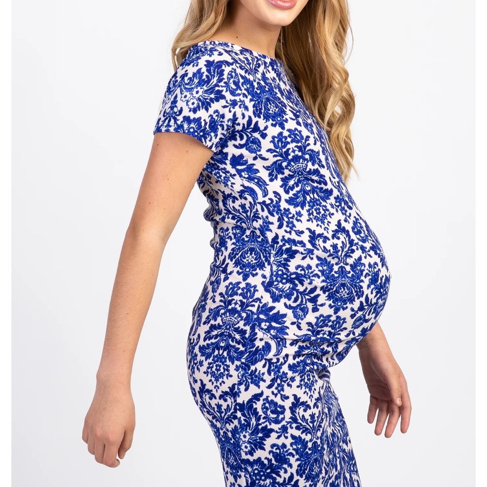 PinkBlush Blue Printed Short Sleeve Fitted Maternity Dress